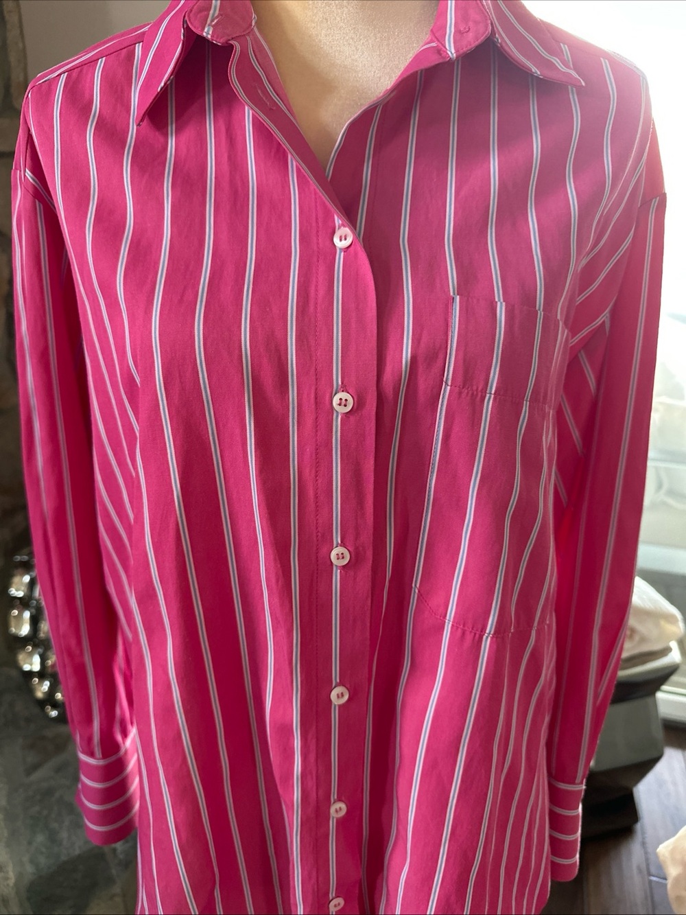 Zara Oversized Pink Striped Button Down Collared Long Sleeve Shirt Small